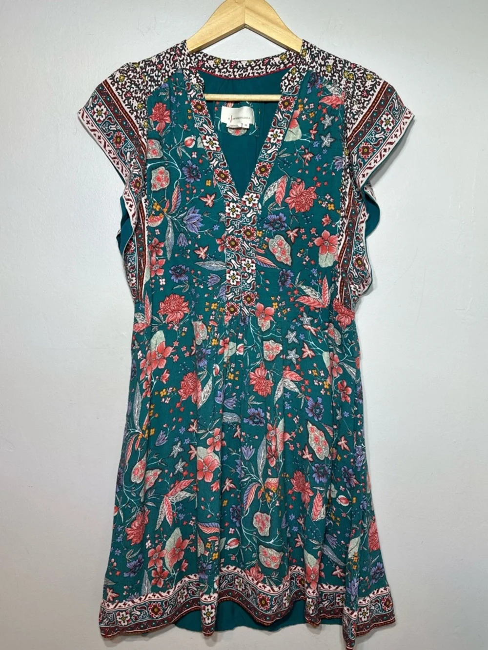Anthropologie Floral Teal V-Neck Short Sleeve Women's Summer Mini Dress size XS - Picture 2 of 7